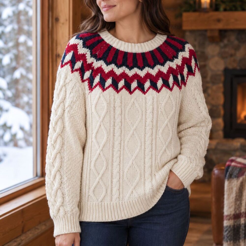 J.Crew Graphic Fair Isle Sweater Large Cream Red Navy Cotton Merino Blend Nordic